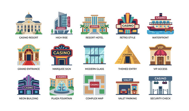Casino building icons showing venue types on white background