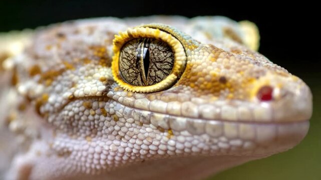 Close-up extreme macro of a tokay gecko eye with textured scales and vibrant yellow iris