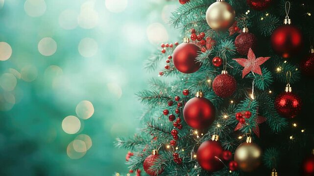 Decorated Christmas tree with red and gold baubles. Holiday festive background with glowing lights. Seasonal winter celebration decor for greeting card concept.