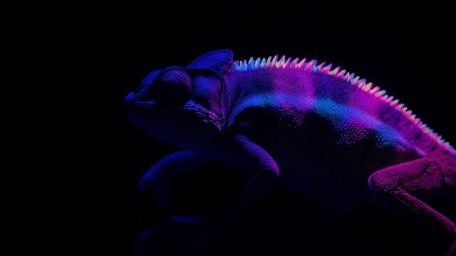 UV蛍光照明下カメレオン背脊・電気的マゼンタ色素波夜間マクロズーム映像・超常的生物発光風