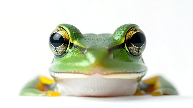 Close-up of a bright green tree frog with large golden eyes against a clean white background studio shot