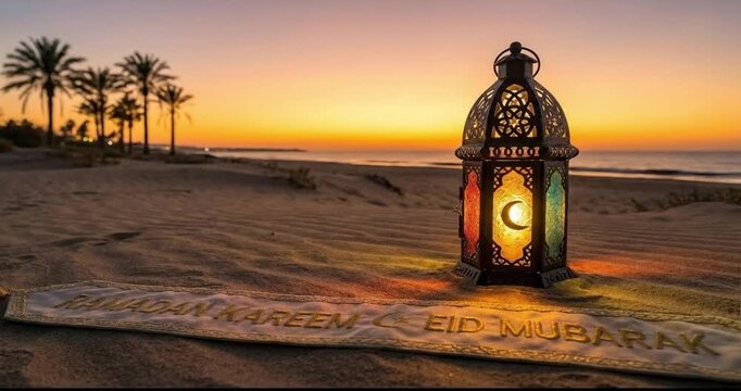 An enchanting scene unfolds on a serene sandy beach at sunset, bathed in the warm glow of dusk. A beautifully crafted ornamental lantern, featuring intricate patterns and a crescent moon motif, casts 