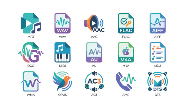 Audio format and codec icons displayed in grid on white background