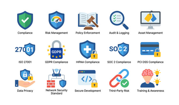 Set of compliance and security icons arranged in grid layout