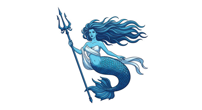 Mythical Mermaid with Trident, Ocean Deity, Fantasy Creature, Blue Scales, Flowing Hair