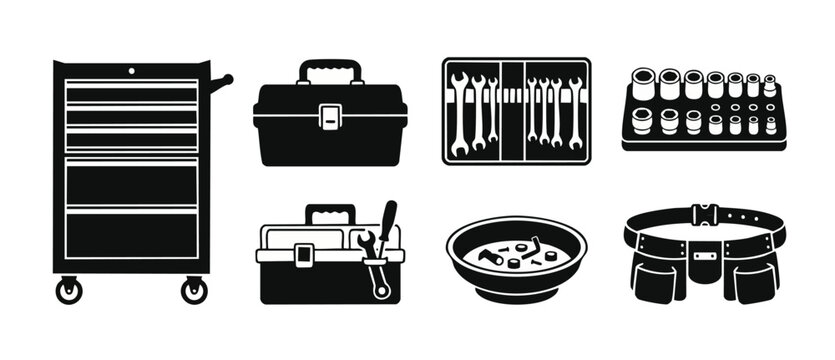 Mechanic Tools Set Icons Collection, Professional Workshop Equipment for Repair and Maintenance, Black Silhouette Graphics including Tool Chest, Wrench Organizer, Socket Set and Heavy Duty Tool Belt