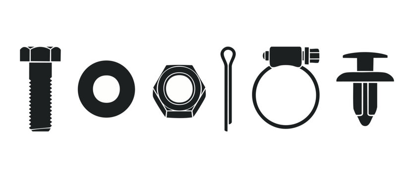 Industrial Fasteners and Hardware Icons Set, Hex Bolt, Washer, Nut, Cotter Pin, Hose Clamp, and Plastic Rivet, Mechanical Components Collection for Engineering, Manufacturing, and Construction Project