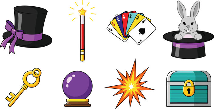 Magic and Illusion Icon Set Featuring Hats, Wands, Playing Cards, Rabbits, and Mystical Symbols for Digital Designs