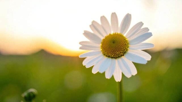 Close-up of a single white daisy flower with yellow center in soft golden hour light and blurred green meadow