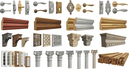 Comprehensive collection of architectural hardware and interior design elements featuring door handles crown moldings classic columns corbels windows and decorative vents for construction projects © Mahsina
