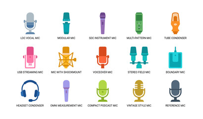 Microphone and audio accessory icons arranged on white grid © Cali6ro