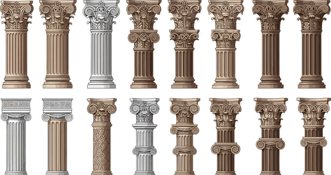 Comprehensive collection of classic architectural columns and pillars with ornate corinthian and ionic capitals isolated on white background for historical design and construction projects