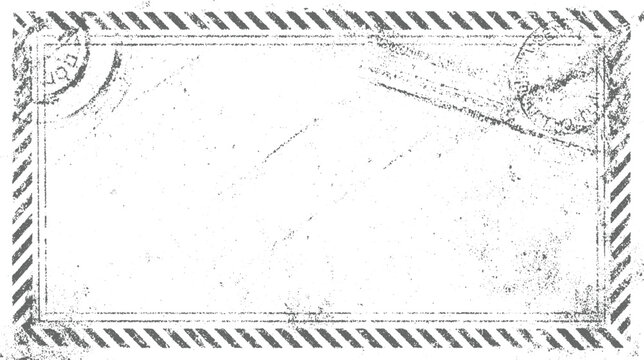 Distressed grey and white rectangular background with diagonal striped borders and circular postmarks