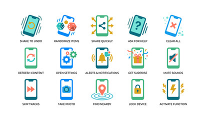 Fototapeta premium Phone icons illustrating actions and controls on white background