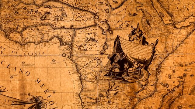 Close view of antique Africa map with decorative illustrations