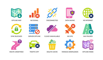 Fototapeta premium Offline and connectivity icons arranged in a grid layout
