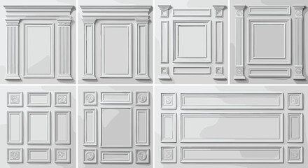 Naklejka premium Set of classic architectural wall panels with decorative molding gypsum plaster frames and fluted columns in baroque style for interior design and home renovation