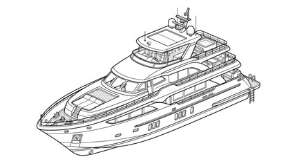 Naklejka premium Detailed isometric line drawing of a luxurious multi-deck motor yacht, showcasing its elegant design and various features.
