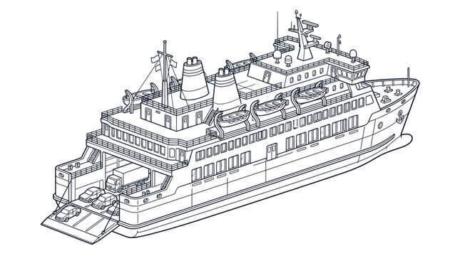 Detailed line drawing of a large passenger and vehicle ferry boat with cars and a truck loading onto its stern ramp, depicted in an isometric view.