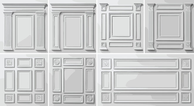 Set of classic architectural wall panels with decorative molding gypsum plaster frames and fluted columns in baroque style for interior design and home renovation