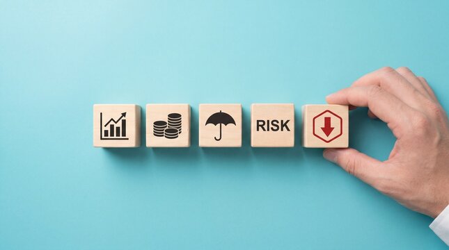 A hand placing a risk management block with a downward arrow on a blue background with financial icons