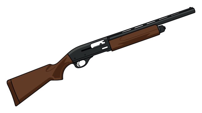 A detailed illustration of a pump action shotgun with a wooden stock and black barrel, positioned against a clean Transparent Background.