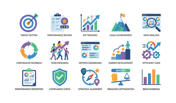 Set of performance and metrics icons on white background