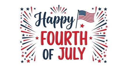 Obraz premium Happy fourth of july greeting with american flag and fireworks, isolated on white background