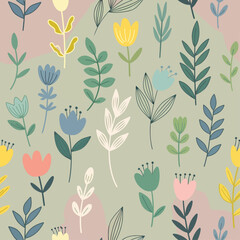 Fototapeta premium Cute plant background with simple blossoms and decorative leafy accents