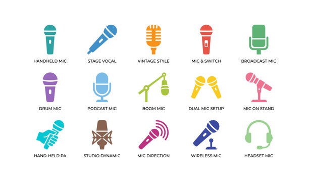 Microphone and audio mic icons arranged in grid on white background