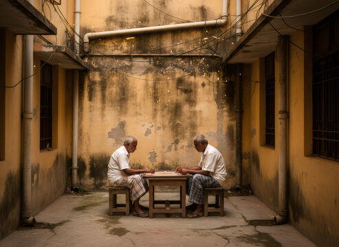 Two elderly men playing carrom board game in worn courtyard. Retired friends enjoying hobby together in rustic urban setting. Leisure activity and friendship concept. Cultural tradition.
