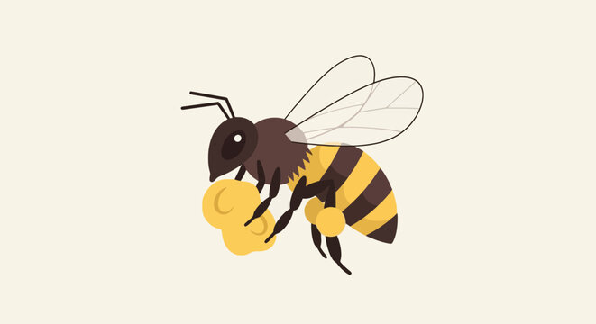 Cute cartoon bee collecting pollen vector illustration of a honeybee with pollen baskets full of yellow nectar