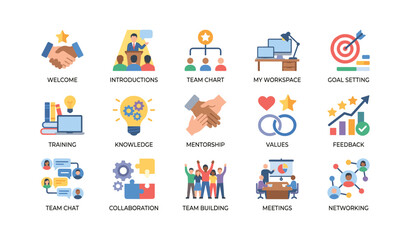 Fototapeta premium Teamwork and onboarding icons illustrating office collaboration