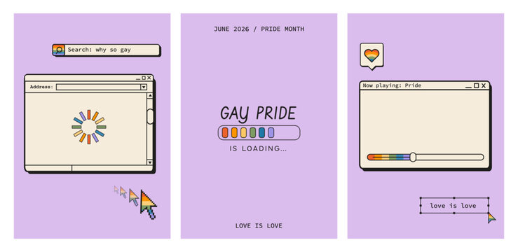 Set of retro vertical banners with 90s computer interface and pixel art for pride month. Vintage browser window and loading bar with rainbow colors for lgbtq pride celebration and social media stories