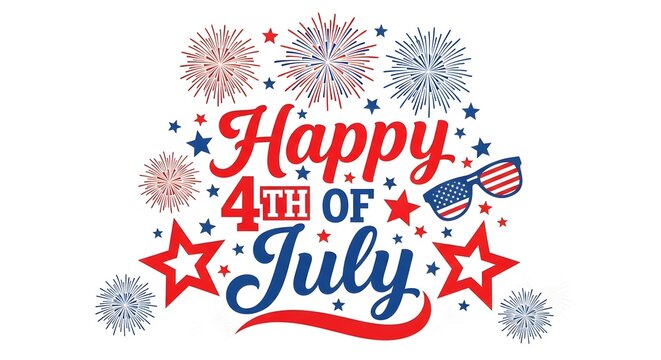 Happy 4th of july festive graphic with fireworks and patriotic sunglasses isolated on white background