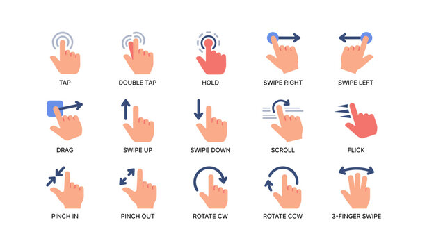 Hand icons demonstrating touch gestures on white background