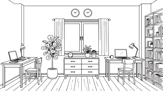 A well organized study room featuring minimalist design with two desks, modern electronics, and a spacious bookshelf, creating an ideal workspace.