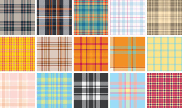 Plaid collection designed for fashion print materials. Tartan backgrounds enhance lookbooks, catalogs, and e-commerce presentations. Vector output remains refined.