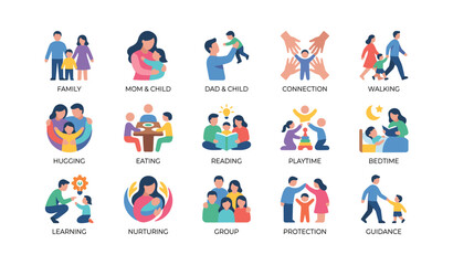 Fototapeta premium Family icons depicting caregiving activities on white background