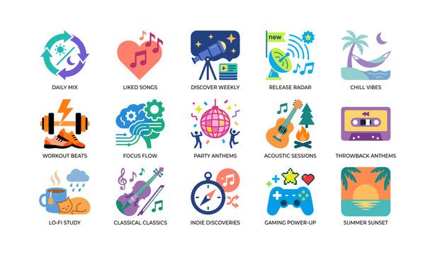Music playlist and mood icons arranged in a grid on white background