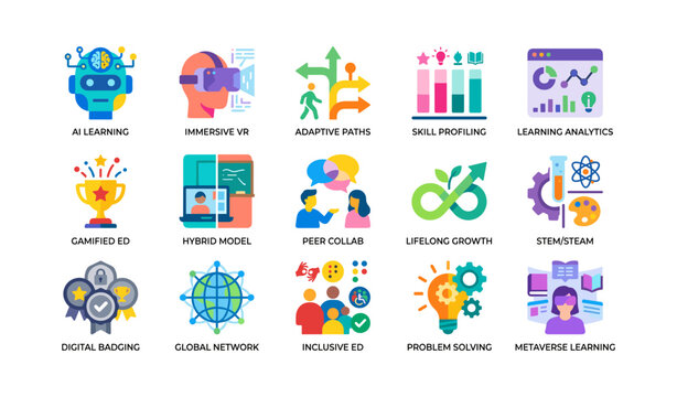 Education technology and learning icons arranged in grid