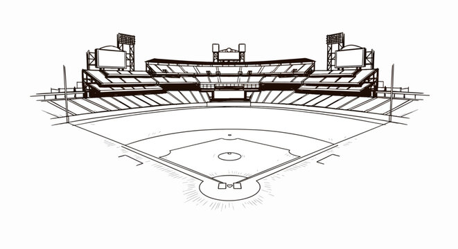 Hand Drawn Baseball Stadium and Field Sketch Illustration