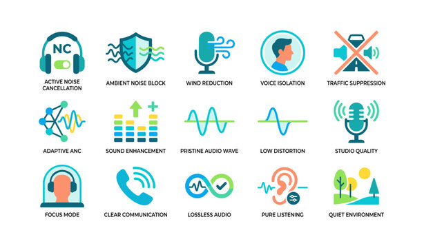 Audio and noise control icons showing sound on white background