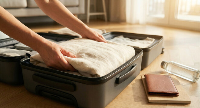 Close up of hands carefully packing clothes into a suitcase for travel.