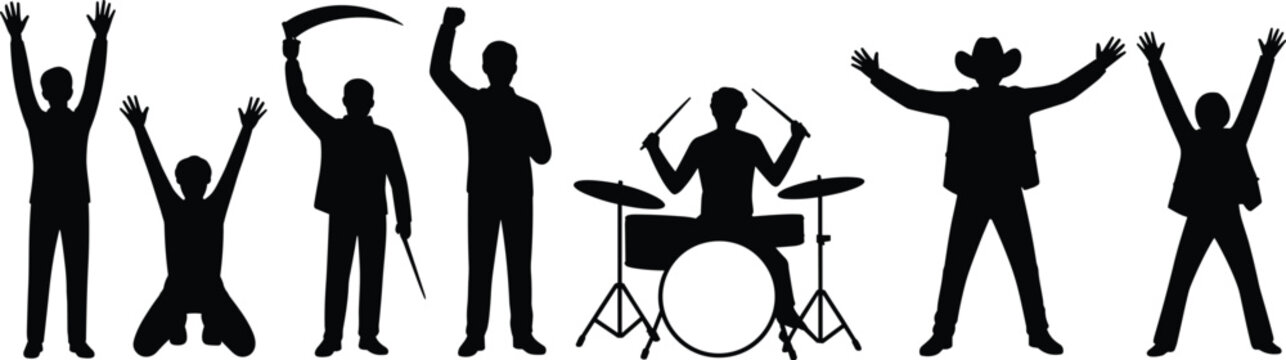 People silhouettes set with drummer musician cowboy and expressive poses showing celebration and performance isolated on white background