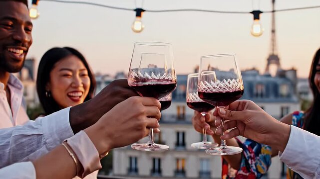 A group of diverse friends clink wine glasses on a rooftop overlooking the Parisian skyline at sunset, celebrating a special moment together.