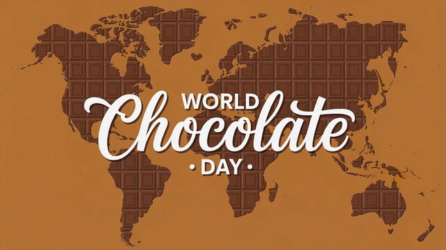World Chocolate Day celebration typography on brown world map background for social media