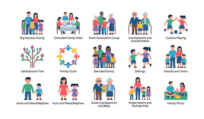 Fototapeta premium Family and multigenerational icons showing relationship types