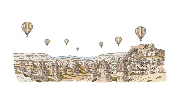 Cappadocia Turkey hand drawn landscape with caves rocks and hot air balloons vector illustration