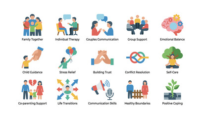 Fototapeta premium Mental health and therapy icons displayed on white background